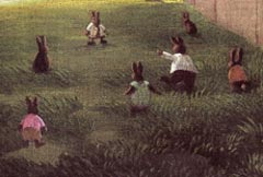 colonia di niglietti in un prato. Disegno di Michael Sowa, dal libro Esterhazy - storia di un coniglio